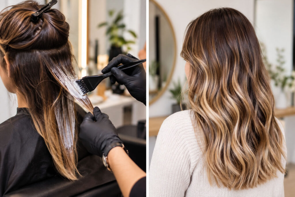 Profesional aplicando la técnica balayage sobre cabello castaño en un salón de belleza. Pie de imagen: La aplicación del balayage requiere seleccionar los mechones y trabajar la transición de color según el resultado deseado.
