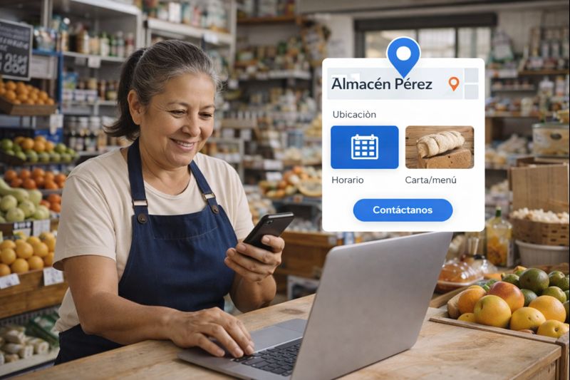 Comercio local atendido por su dueña usando tecnología para vender y aparecer en internet
