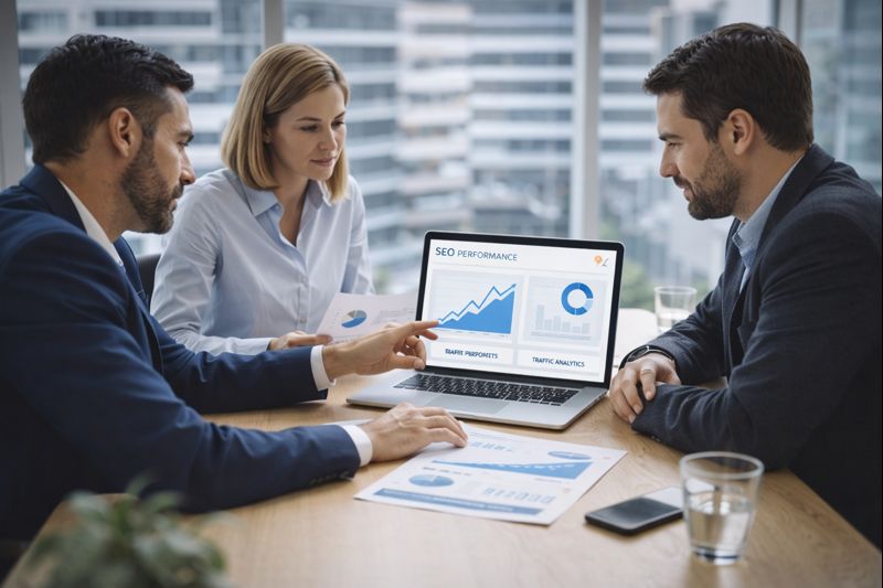 Equipo empresarial analizando resultados digitales y crecimiento online