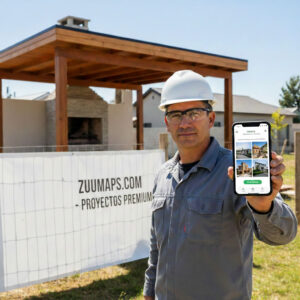 profesional con casco, sosteniendo un smartphone que muestra una landing page