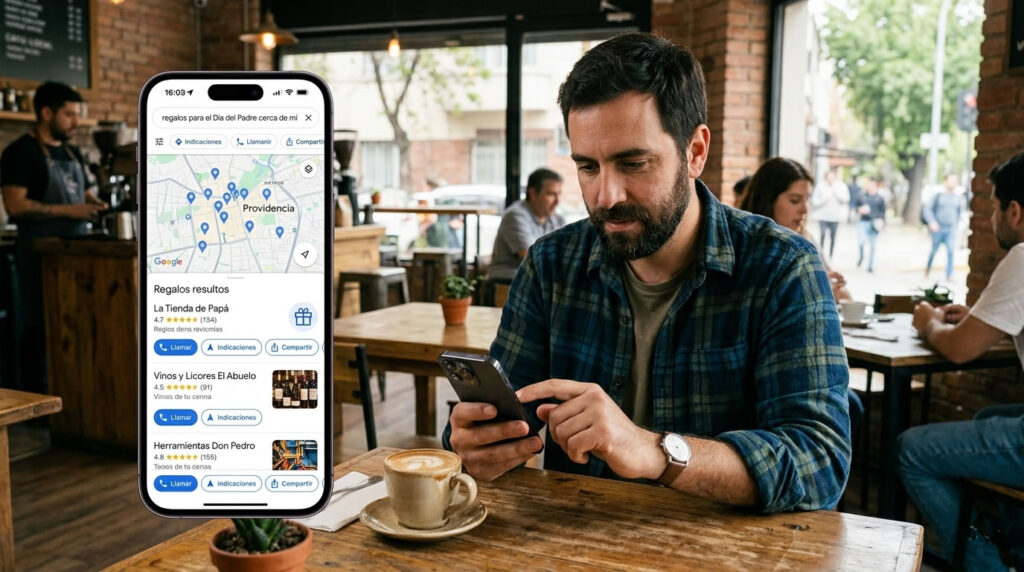 Persona en una cafetería buscando negocios en mapas