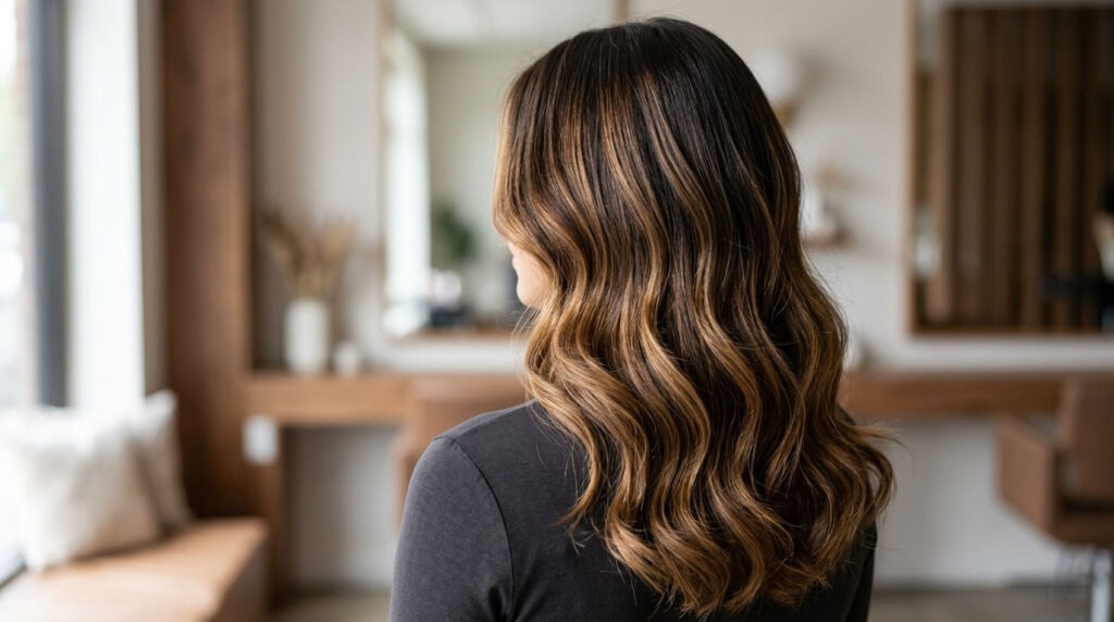 Tipos de balayage en tonos caramelo y miel sobre cabello castaño