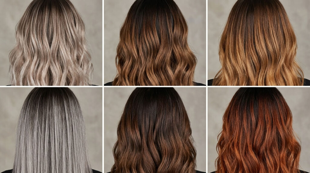 Inspiración de balayage en tonos rubio, caramelo, miel, ceniza, chocolate y cobrizo.